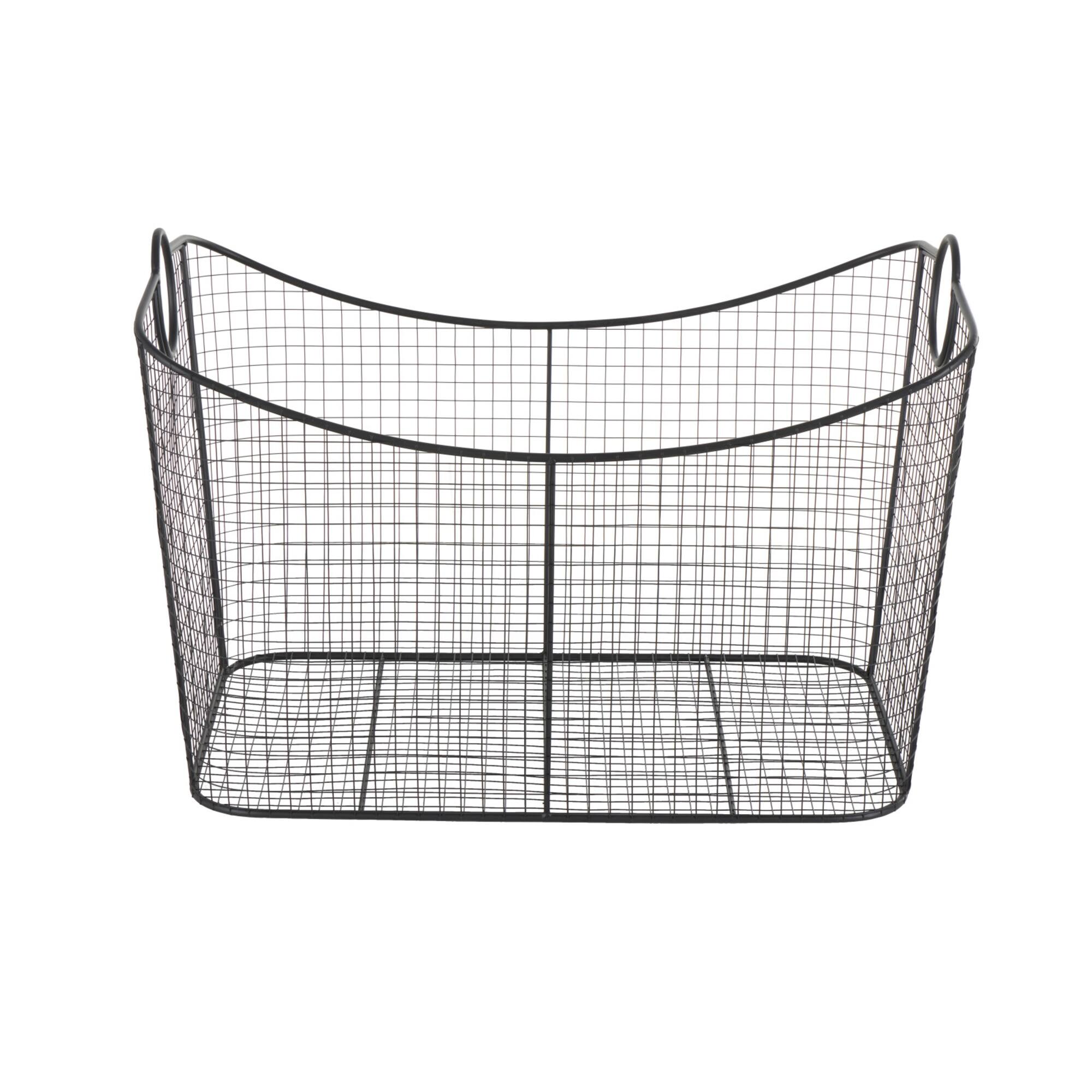 30.25" Black Metal Open Frame Wire Grid Storage Basket with Curved Sides & Ring Handles